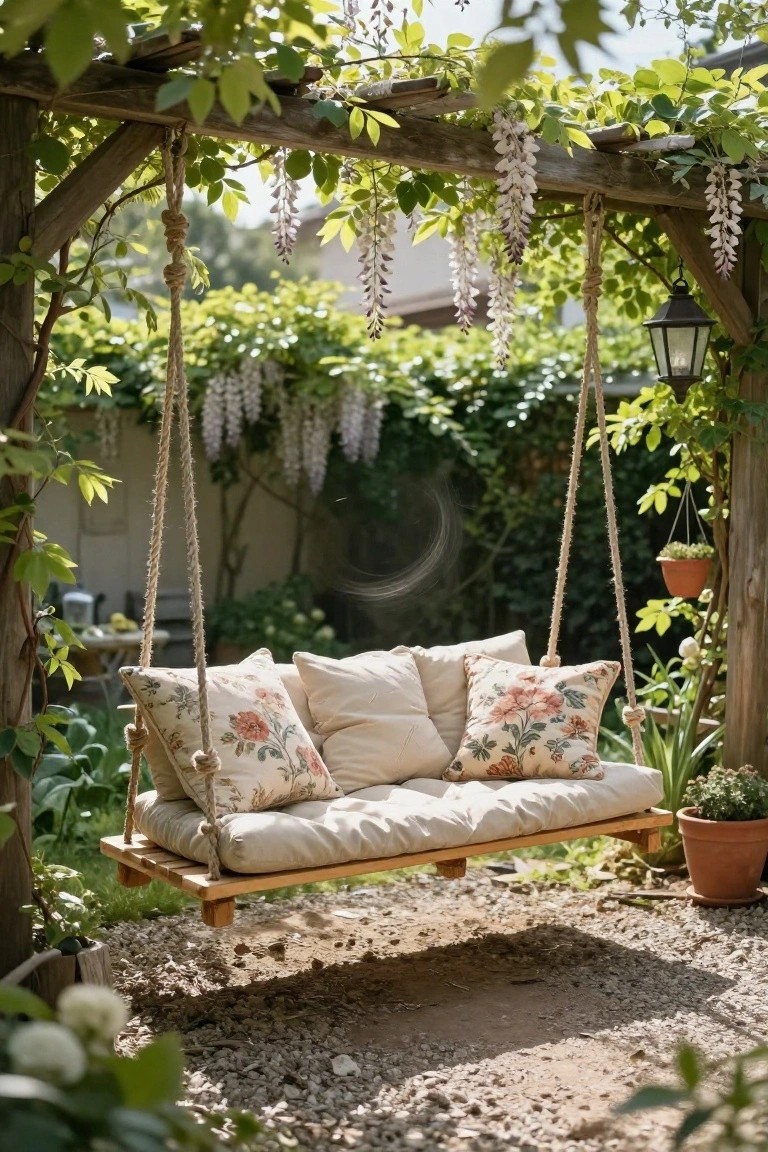 Wooden pallet swing bed with beige mattress and floral pillows hanging from ropes under a vine-covered wooden arbor in a gravel garden with potted plants and a lantern.