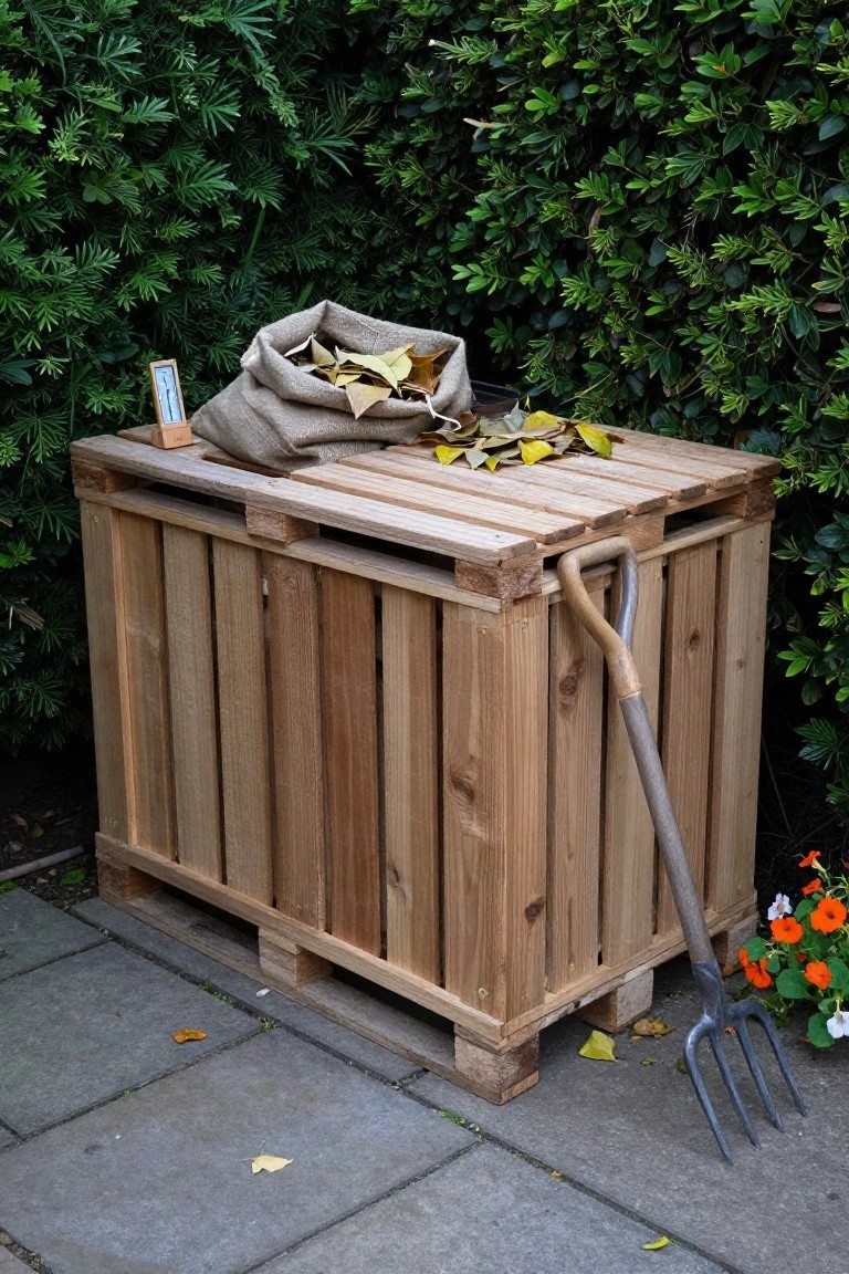 Wooden slatted crate made from pallets positioned on a paved patio next to a green hedge, with a burlap sack of yellow leaves beside it and a garden fork leaning against the crate.