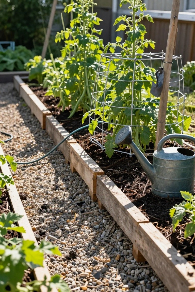 Raised wooden garden beds with tomato plants on wire supports, bean plants, and other greens, a metal watering can, hose, and gravel path in a backyard.