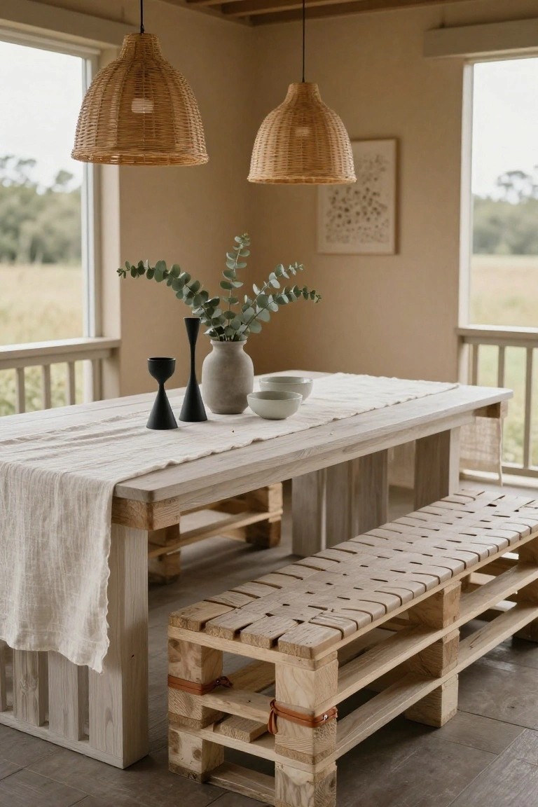 Long white wooden table with linen runner, black candlesticks, eucalyptus stems in vase, and two white bowls on beige linen runner, paired with pallet wood benches in a light beige room with large windows showing fields and trees outside, rattan pendant lights hanging above.
