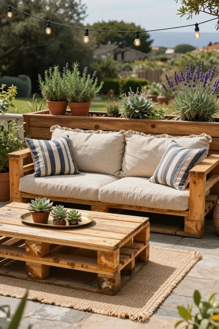 Wooden pallet sofa with beige cushions and blue striped pillows on a balcony, paired with a pallet coffee table holding small potted succulents, surrounded by potted herbs and lavender, string lights overhead, and garden view.
