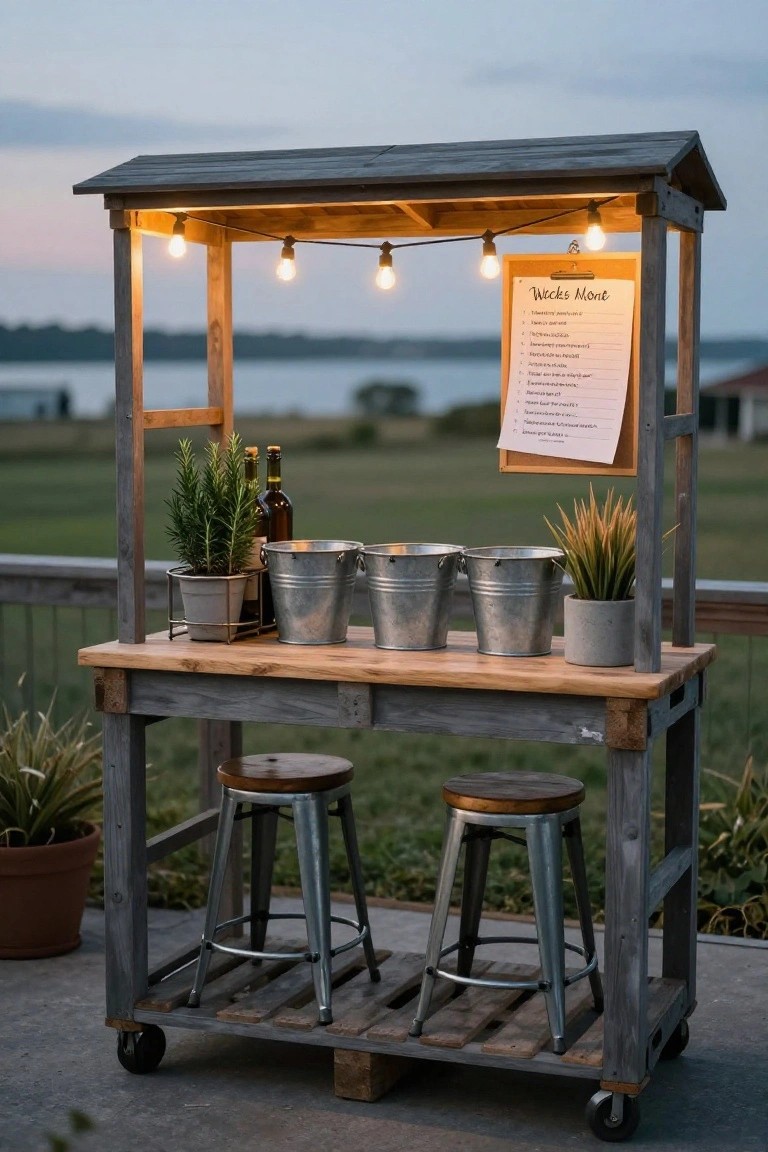 Wooden pallet bar cart on wheels with slatted gray frame, peaked roof, hanging string lights, menu board, plants and buckets on counter, two stools, set outdoors on grass near lake at dusk.