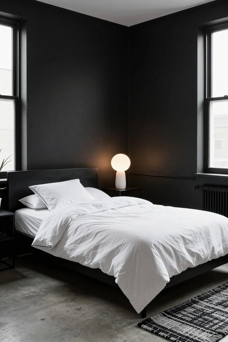 Corner bedroom with matte black walls, black wood platform bed draped in white linens and pillows, white globe lamp on black nightstand, potted plant, radiator, and black-and-white woven rug on polished concrete floor.