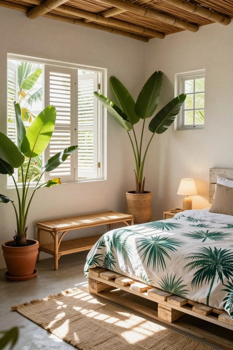 Bedroom with low wood pallet platform bed covered in green palm leaf duvet, surrounded by large potted banana plants, rattan bench and basket, bamboo ceiling, white walls, and shuttered windows.