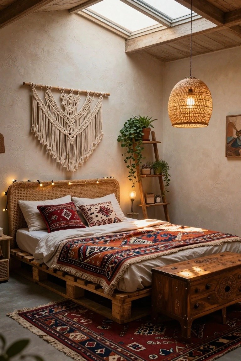 Bedroom with low wood pallet bed frame, rattan headboard strung with fairy lights, patterned orange and red bedding, macrame wall hanging, ladder shelf with plants, rattan pendant light, and skylight in beige-walled room.