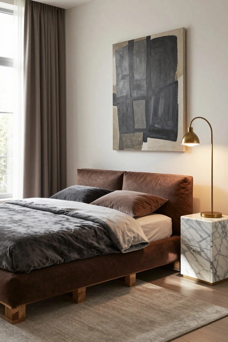 Bedroom interior featuring a low brown upholstered platform bed on chunky exposed wooden legs, paired with a white marble cube nightstand holding a brass arched lamp, abstract painting on wall, and beige curtains at window.