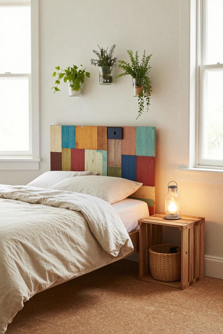 A cozy bedroom features a colorful patchwork wooden headboard, white bedding, and potted plants.