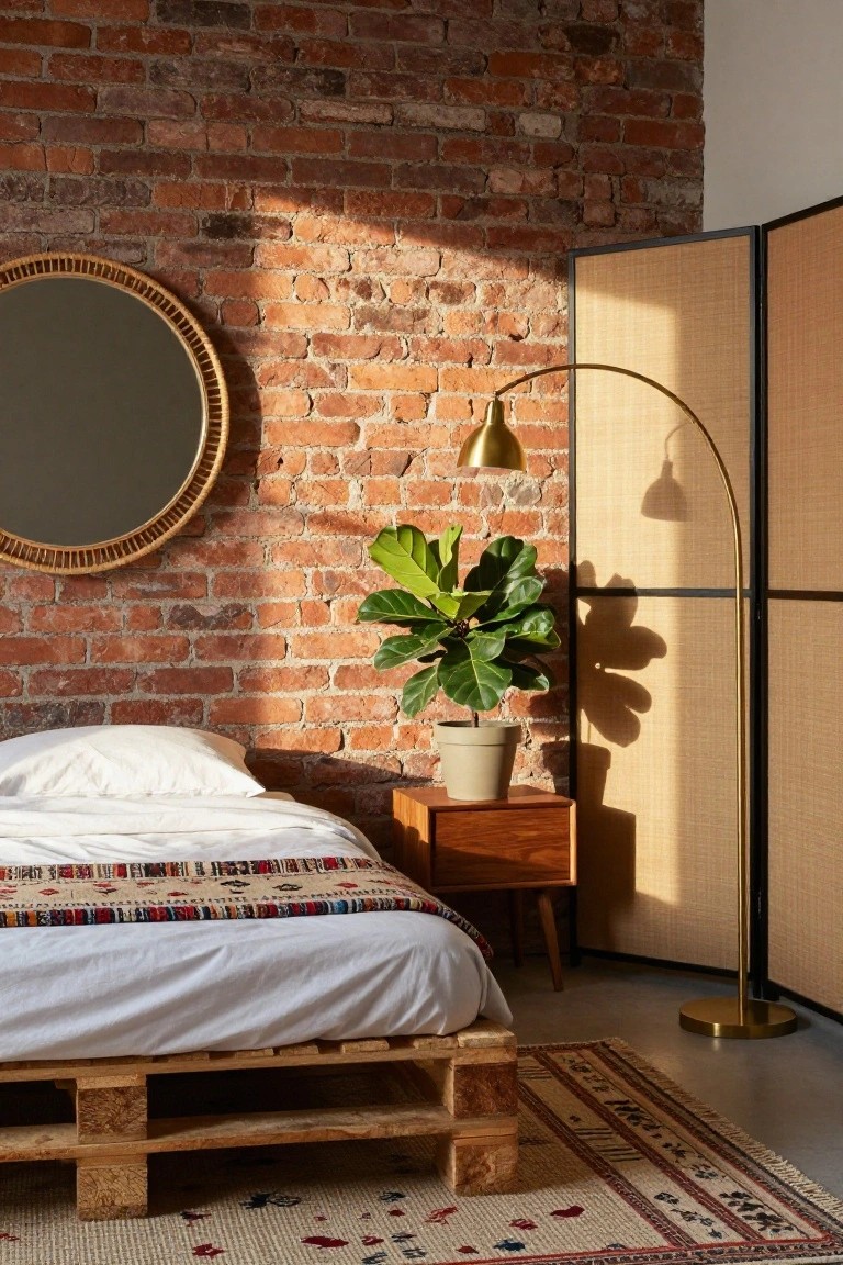 Bedroom with low platform bed frame made from stacked wooden pallets against exposed brick wall, white bedding with colorful throw, wooden nightstand, potted fiddle leaf fig plant, gold arc floor lamp, and bamboo room divider.