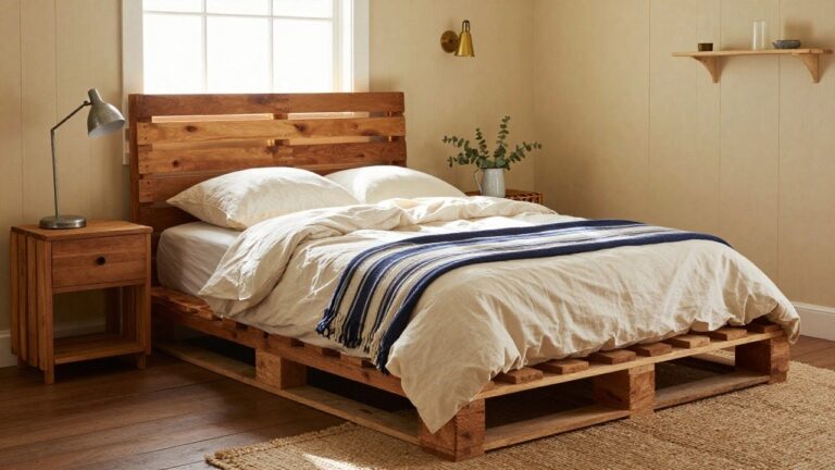 A bedroom with a queen bed on a wooden pallet frame and headboard, covered in white linens and a navy striped throw, next to wooden nightstands, against beige shiplap walls and hardwood floors.