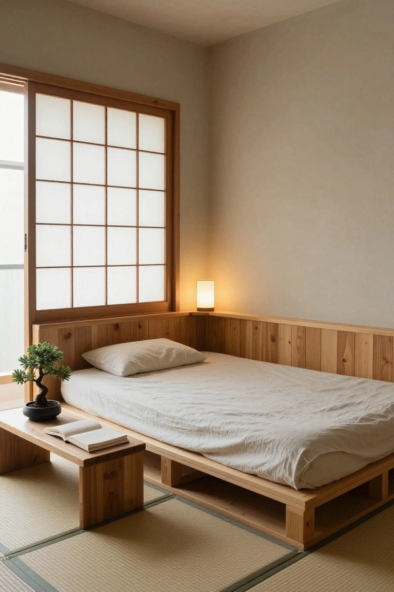 A minimalist indoor bedroom with a low rectangular wooden platform bed frame, white sheets and pillow, a bonsai plant on a low wooden table next to it, soft lamp light, shoji sliding door window, and tatami floor mats.