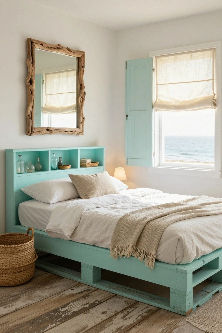A bedroom with a turquoise wood pallet bed frame featuring built-in headboard shelves stocked with glass bottles and books, white bedding, a bedside lamp, driftwood mirror on the wall, and open turquoise shutters by a window overlooking the sea.