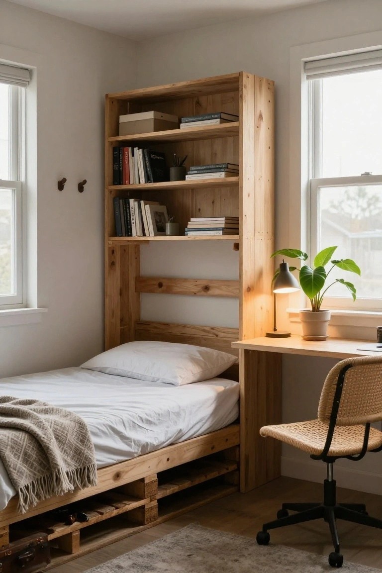 A wooden pallet bed frame with under-bed storage for shoes, integrated desk, and tall open bookshelf in a minimalist bedroom with white walls and large windows.