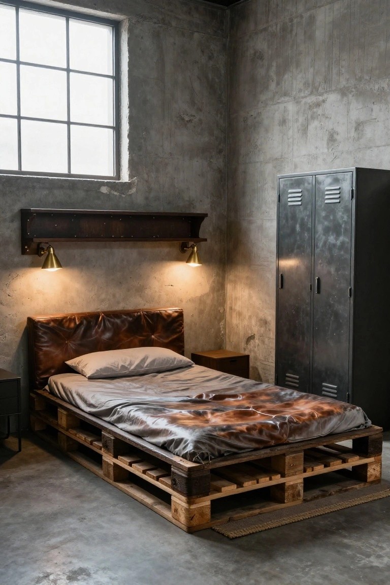 Bedroom with exposed gray concrete walls and floor, low wooden pallet bed frame topped with gray sheets and brown leather tufted headboard, small wooden nightstand, tall gray metal locker cabinet, and two brass wall sconces.