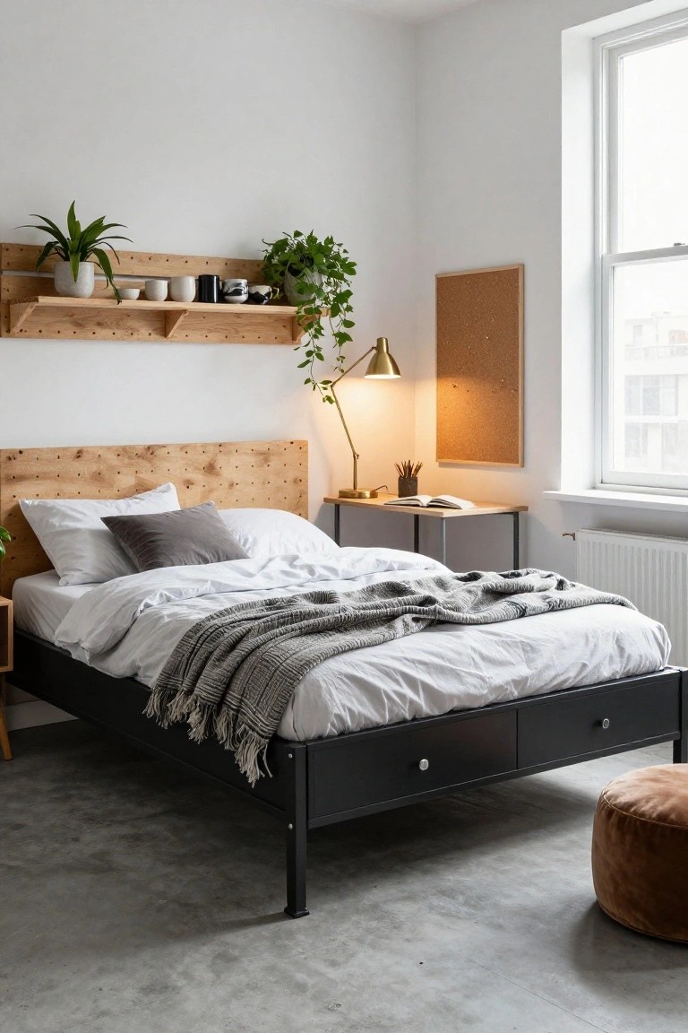 A bedroom with a black metal bed frame, light wood pallet-style headboard with peg holes, wooden shelves above holding plants and ceramics, a desk, and a large window.