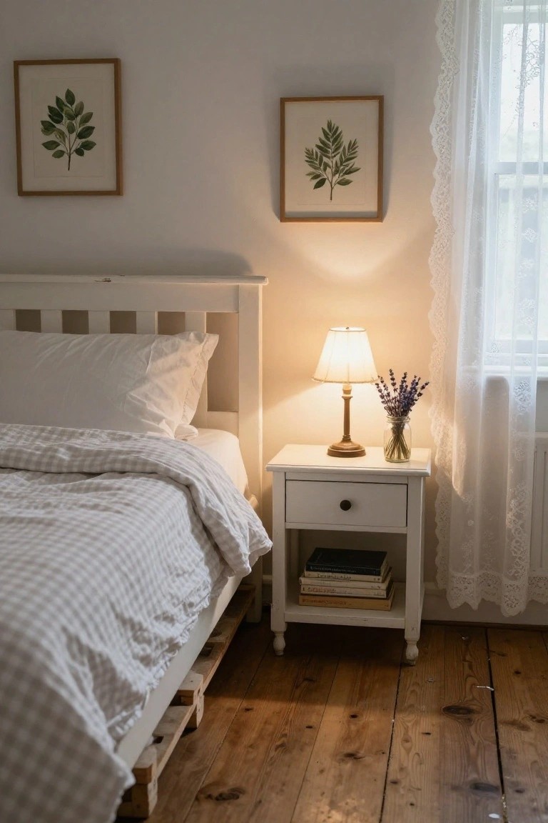 Bedroom corner with white wooden bed frame elevated on stacked wooden pallets, covered in white gingham duvet and pillows, beside white nightstand with brass lamp, lavender in jar, stacked books, leaf artwork on walls, lace curtains at window, hardwood floor.