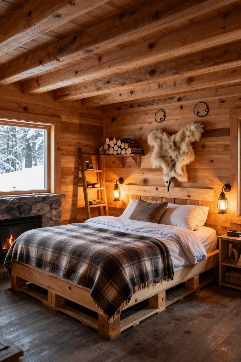 Log cabin bedroom with wooden walls and ceiling beams, a low bed frame made from wooden pallets covered in plaid blankets and white sheets, stone fireplace, ladder shelf, fur wall hanging, and window showing snowy forest outside.