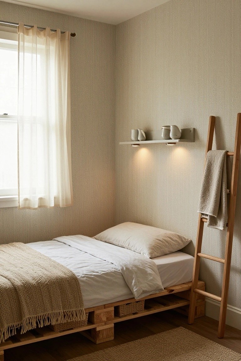 Bedroom corner with a single bed on an elevated wooden pallet frame with woven baskets stored underneath, a wooden ladder shelf holding a draped towel, a wall shelf with white ceramic cups and saucers lit by small lights, sheer curtains on the window, and neutral walls and rug.