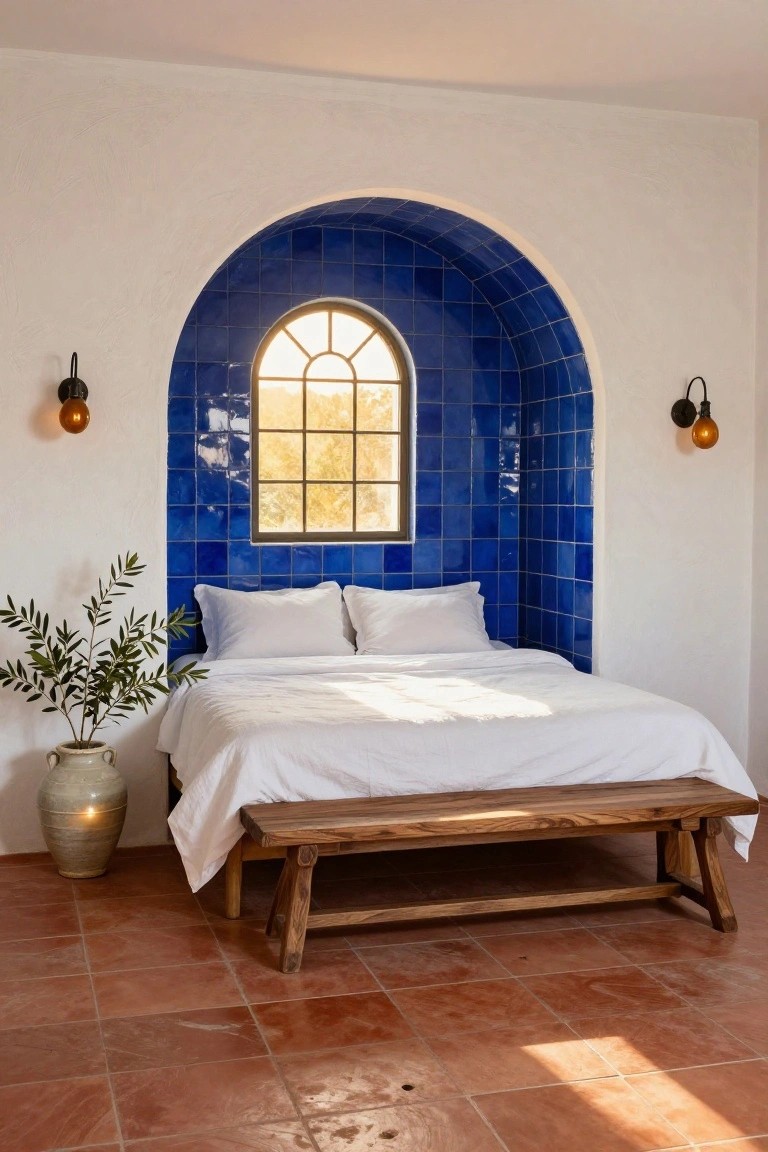Bedroom with white-sheeted platform bed, rustic wooden bench at foot, blue tiled arched window niche, olive plant in vase, terracotta tile floor.