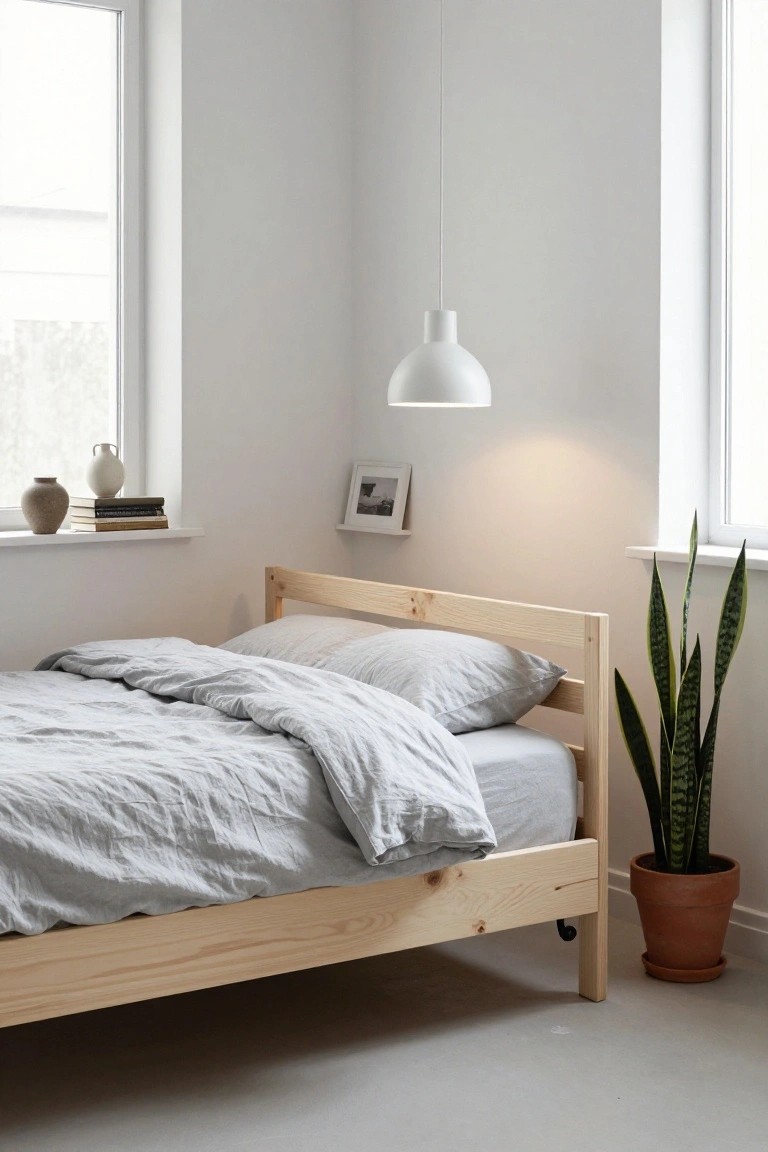 Bedroom corner showing a low natural pine wood bed frame with gray linen bedding, a snake plant in terracotta pot, pendant light overhead, and window sill with vases and books.