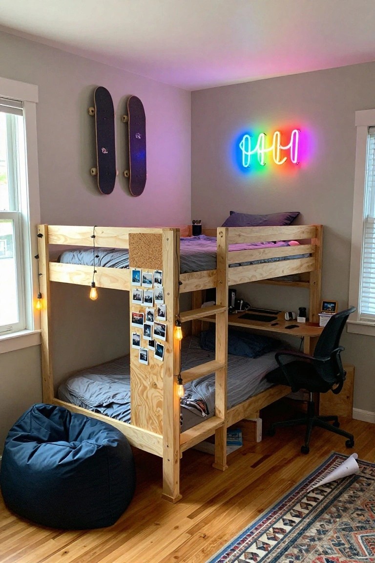 A child's bedroom with a wooden bunk bed frame, lower bunk made up with gray bedding and a bean bag chair nearby, upper bunk empty, desk and chair under the stairs, skateboards on the wall, neon OHM sign, and string lights.
