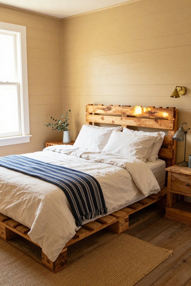 A bedroom with a queen bed on a wooden pallet frame and headboard, covered in white linens and a navy striped throw, next to wooden nightstands, against beige shiplap walls and hardwood floors.