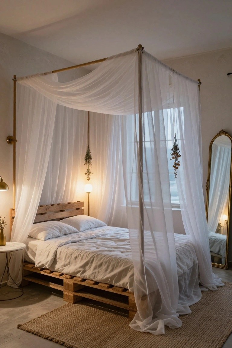Bedroom interior with a raised wood pallet bed platform under a white sheer canopy draped from bamboo pole frame, flanked by lamps, plants, a mirror, and seagrass rug on concrete floor.