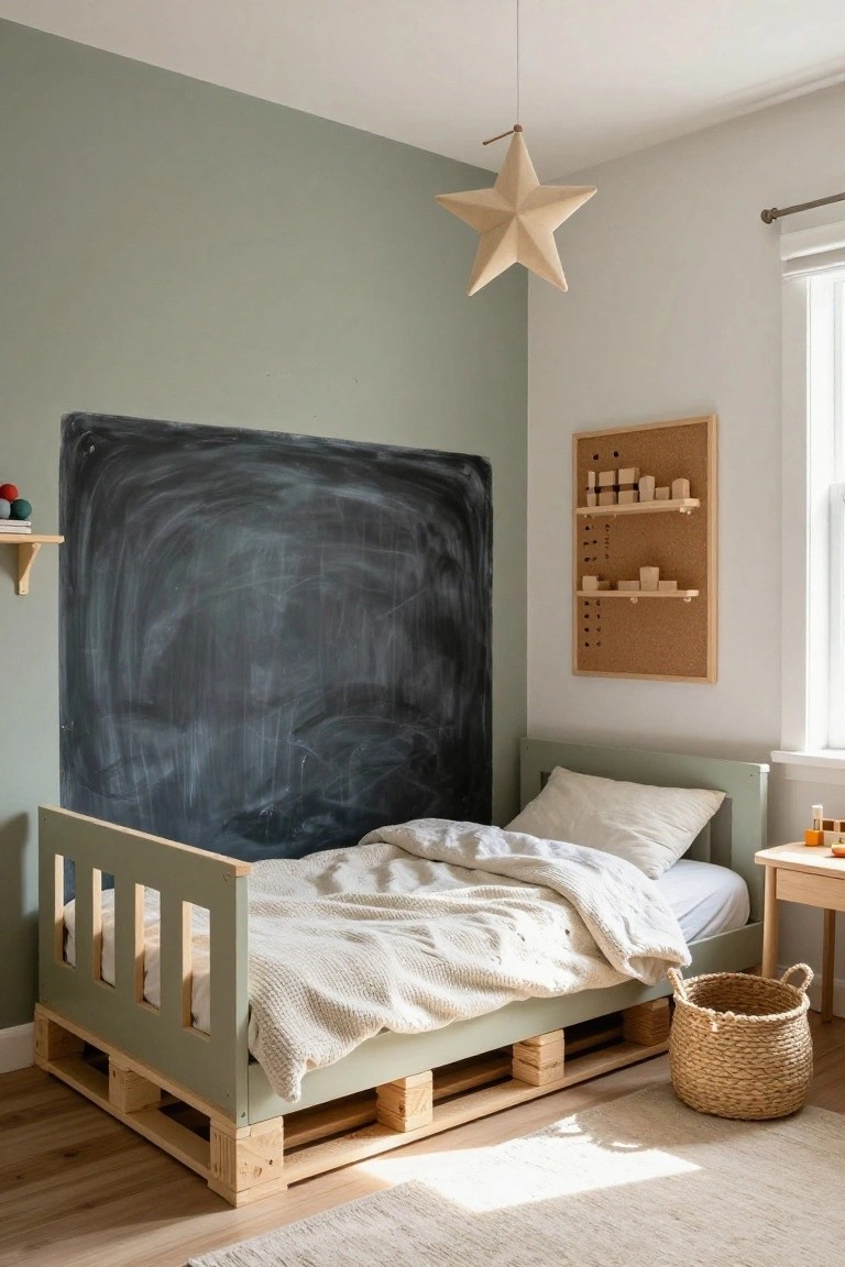 Child's bedroom with mint green wood pallet bed frame against a large chalkboard wall, wooden shelves with blocks, small table with toys, and woven basket on hardwood floor.