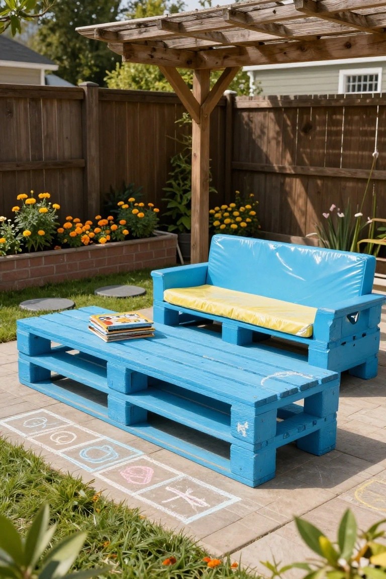 Blue painted wooden pallet couch with yellow cushions and matching pallet coffee table on a concrete patio surrounded by plants, flowers, and a chalk hopscotch drawing.