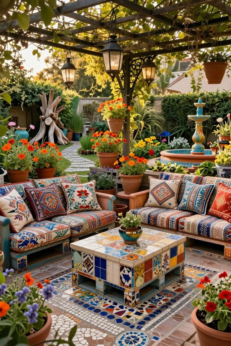Outdoor seating area featuring two low pallet couches covered in colorful patterned cushions and fabrics, arranged around a mosaic-tiled coffee table on a tiled patio, surrounded by potted plants, flowers, a fountain, and a vine-covered wooden pergola.