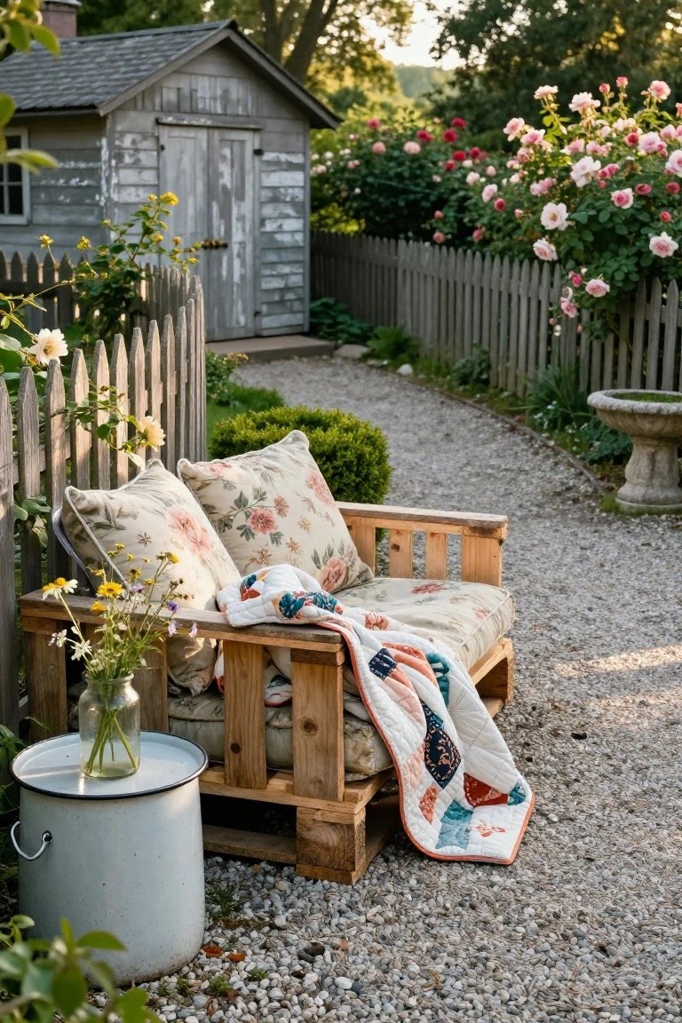 Wooden pallet couch with beige floral cushions and a colorful patchwork quilt on a gravel garden path next to a picket fence, rose bushes, wildflowers in a bucket and tin, boxwood shrubs, stone birdbath, and weathered gray shed.