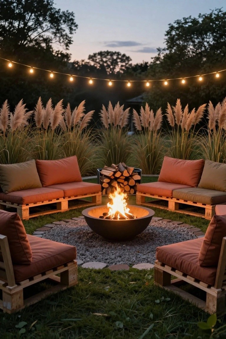 Wooden pallet couches with orange and green cushions arranged in a circle around a black metal fire pit on gravel in a backyard with pampas grass backdrop, string lights overhead, and trees at dusk.