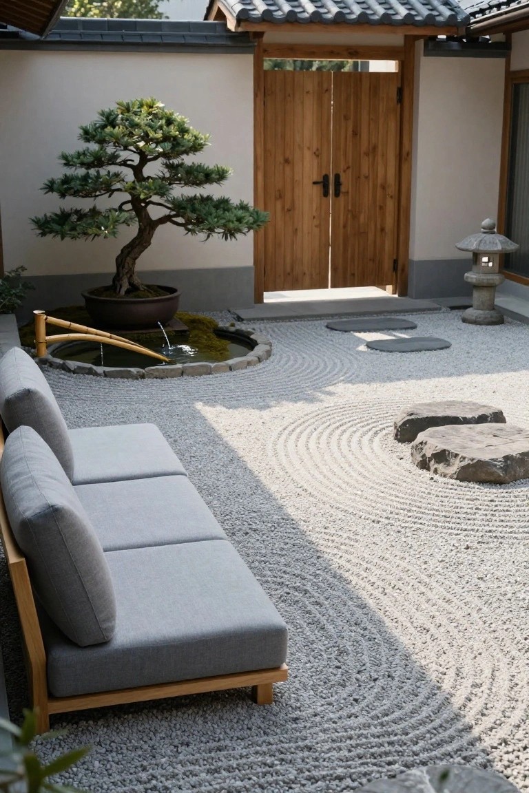 Gray fabric outdoor sofa on wooden frame positioned on raked white gravel in a zen-style courtyard with bonsai tree in pot, bamboo water feature, stone lantern, rocks, and wooden doors on white wall.