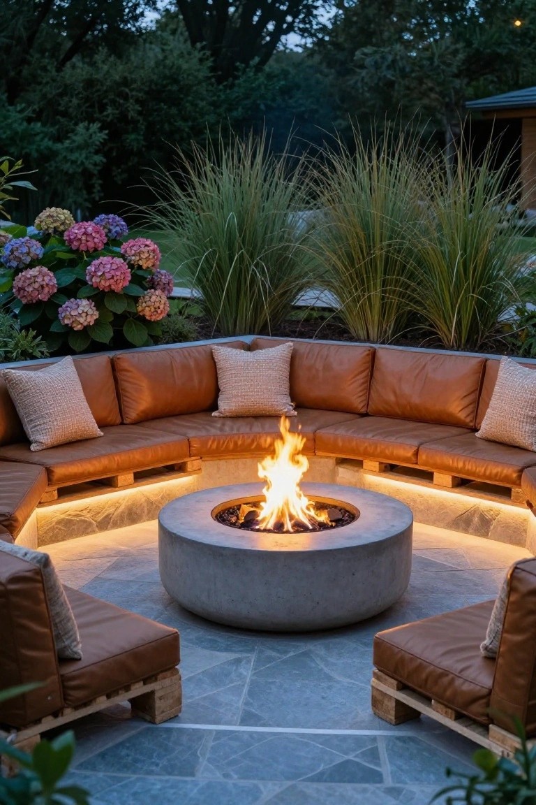 Outdoor seating area featuring curved brown leather couches built on wooden pallets surrounding a round lit concrete fire pit with LED lighting underneath the seats, backed by tall grasses and hydrangea bushes on a slate tile patio.