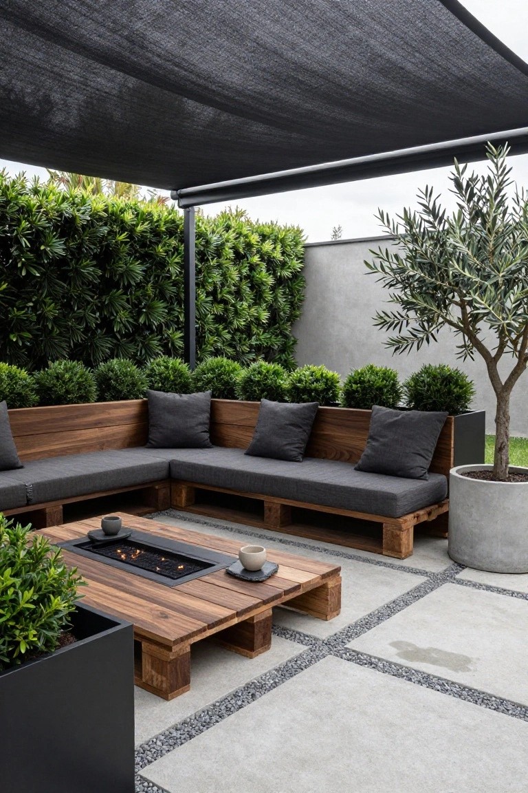 L-shaped outdoor couch made from wooden pallets with gray cushions, centered around a rectangular fire table, surrounded by potted plants and boxwood hedges under a black shade sail.