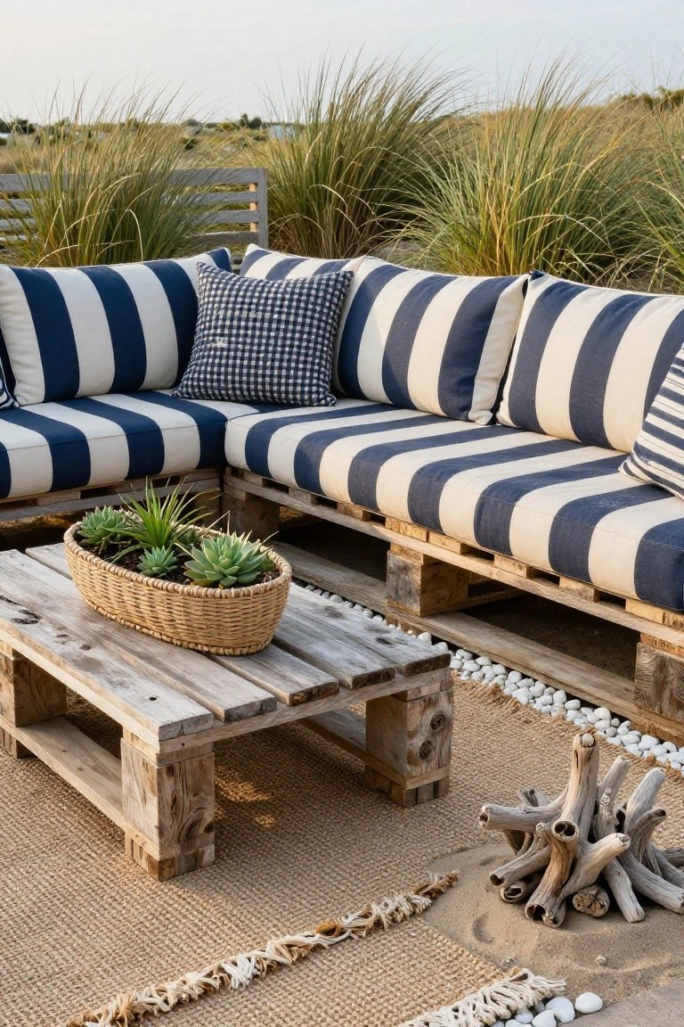 L-shaped outdoor couch made from stacked wooden pallets with navy and white striped cushions and pillows, pallet coffee table holding a woven basket of succulents, seagrass rug, white pebbles, and driftwood on a sandy patio near beach dunes and tall grasses.