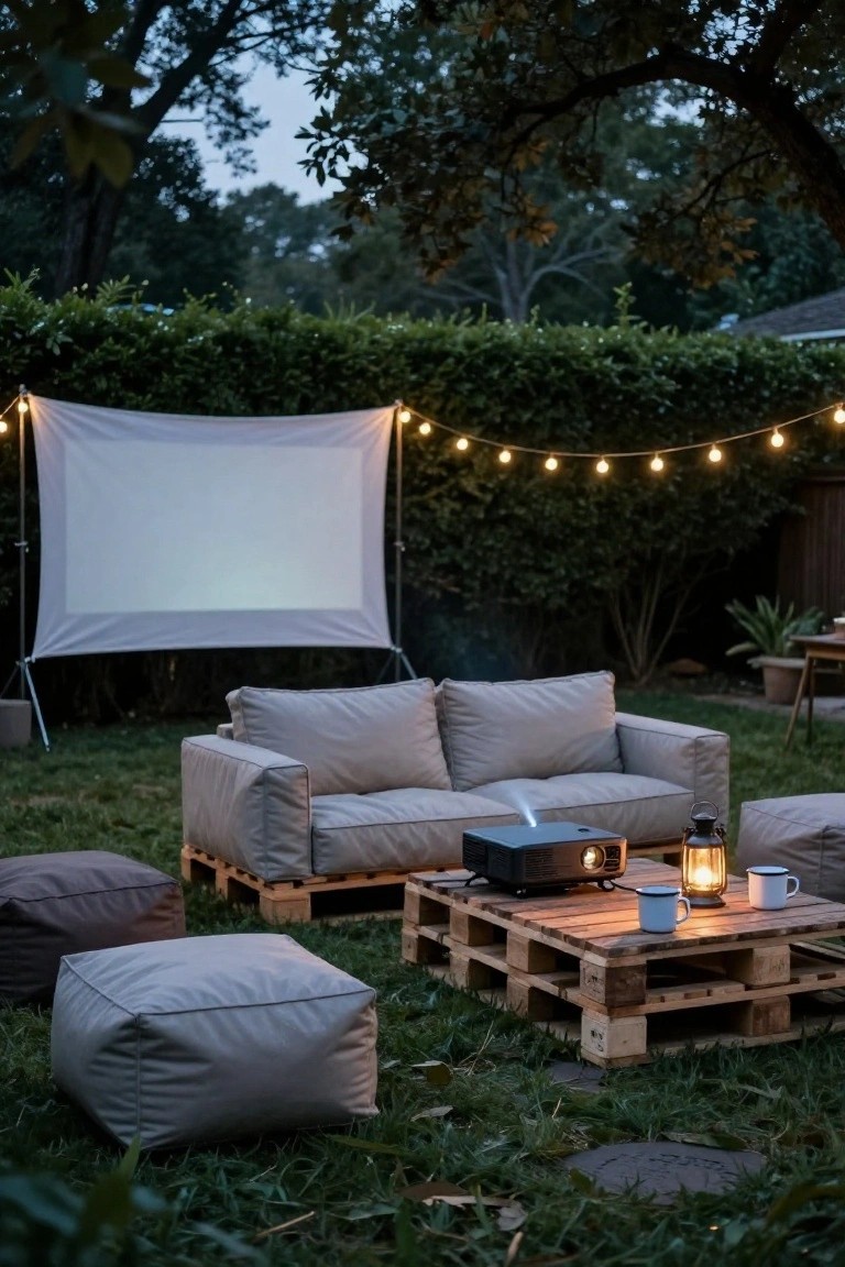 Outdoor backyard setup at dusk with a large white projector screen, gray modular couch on wooden pallets, projector on pallet table, floor poufs, string lights, lanterns, and mugs nearby.