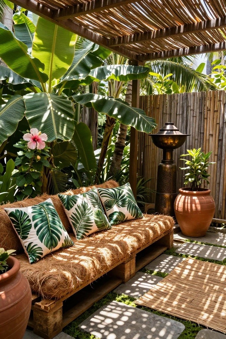Wooden pallet couch with white and green monstera leaf patterned cushions under a thatched bamboo roof, surrounded by banana plants, hibiscus flower, bronze urns, terracotta pots, and bamboo fence on a stone paver patio.