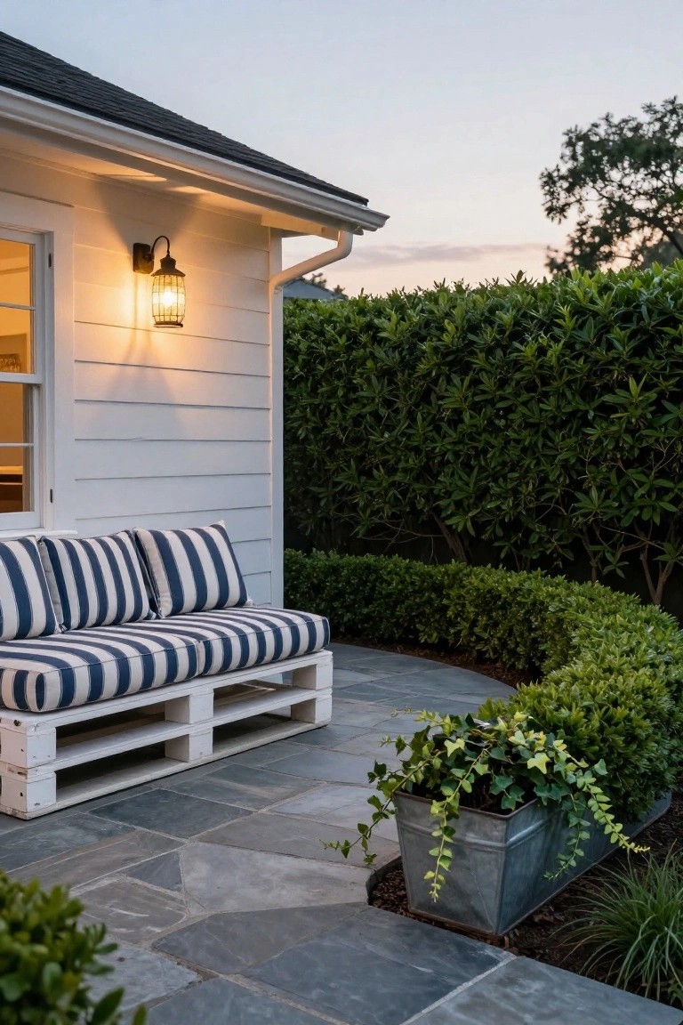 White clapboard house wall with lit lantern beside window, blue-and-white striped cushions on pallet couch on gray stone patio path, green hedges and ivy in metal planter nearby.