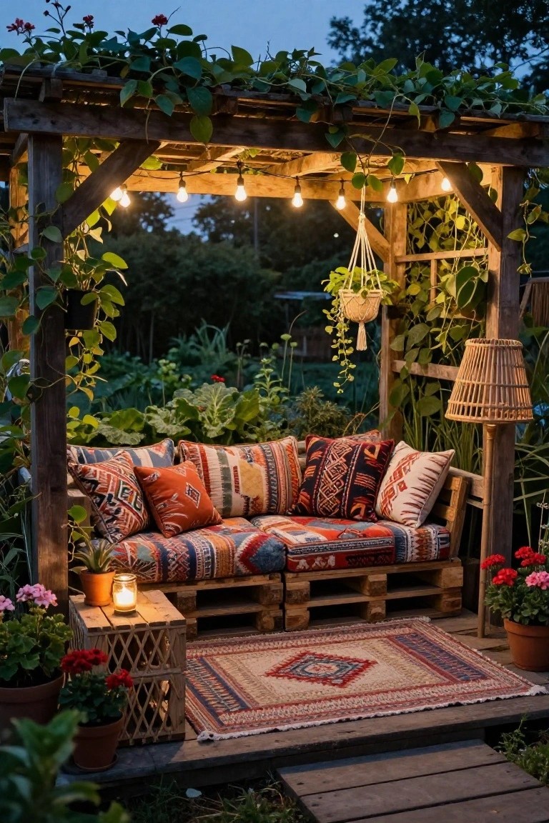 Wooden pergola draped in green vines enclosing a low couch made from stacked pallets with colorful patterned cushions and pillows, string lights overhead, hanging plants, a crate side table with candle, potted flowers, and woven rug on a deck amid garden beds at dusk.