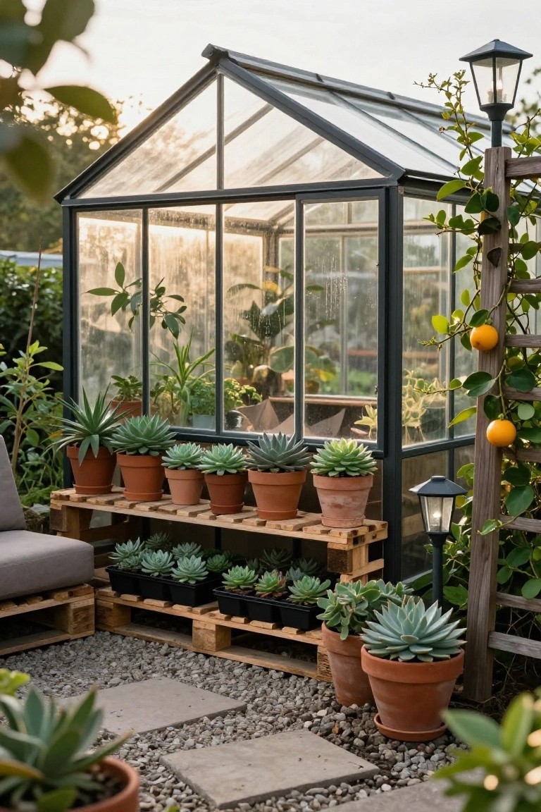 Gray cushioned pallet couch on gravel patio next to wooden pallet shelves holding potted succulents and plants, beside black-framed glass greenhouse with outdoor lanterns nearby.