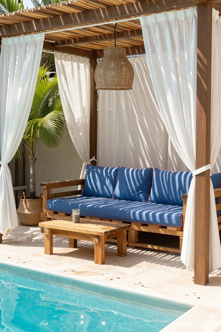 Wooden couch with blue cushions and low table on a tiled patio next to a turquoise pool, under a bamboo pergola with white sheer curtains and potted palm tree.