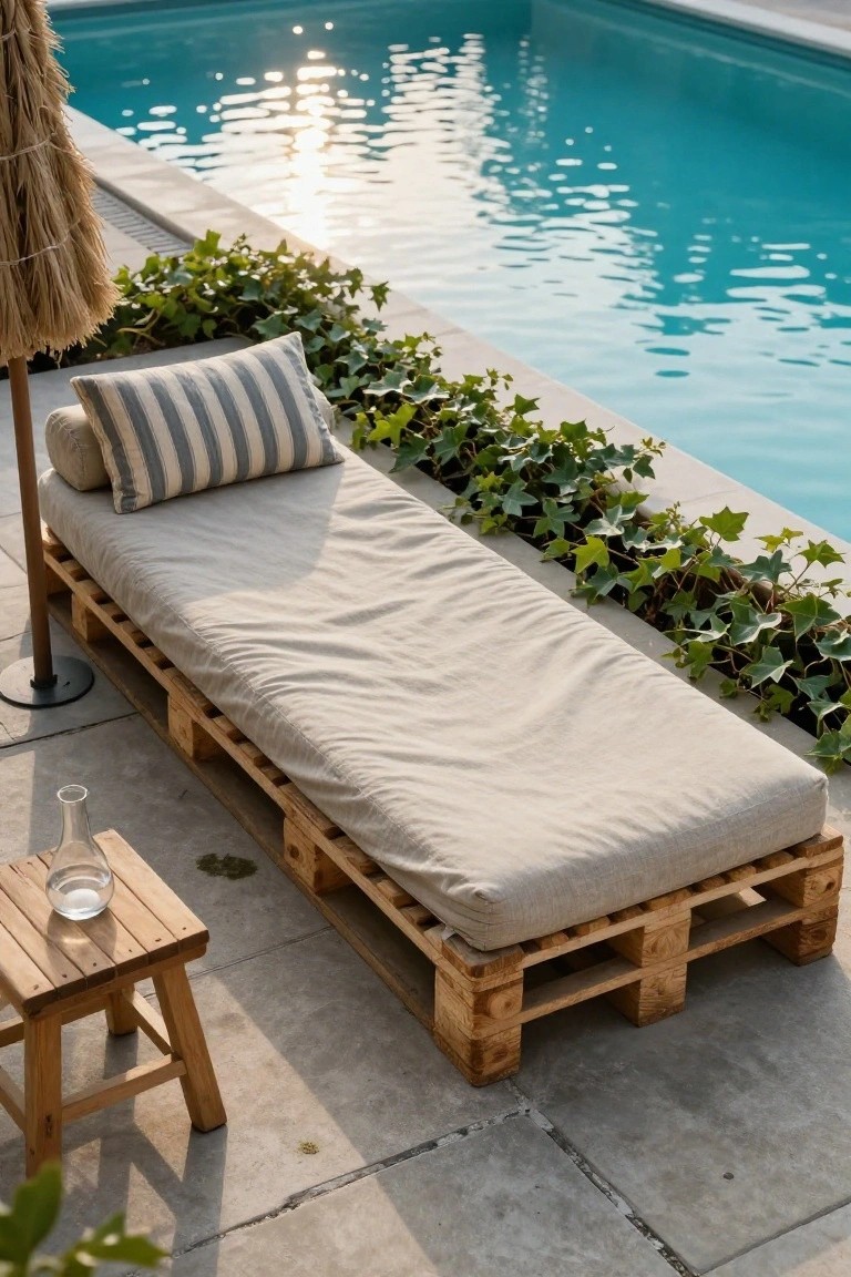 Wooden pallet daybed with beige mattress, striped and round pillows, next to turquoise pool with ivy plants, thatched umbrella, and small wooden side table on tiled patio.