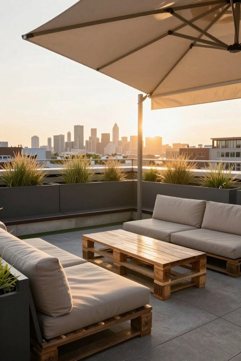Rooftop terrace featuring two beige cushioned couches and a wooden pallet coffee table under a large beige umbrella, surrounded by potted ornamental grasses, with a city skyline at sunset in the background.