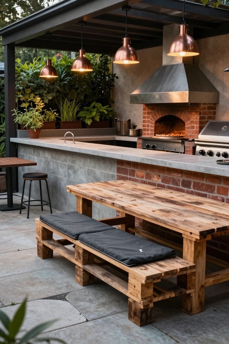 Outdoor kitchen with stainless steel hood, brick pizza oven, gas grill, concrete countertop, wooden pallet table with black cushioned benches, and hanging copper pendant lights under a metal-roofed pergola surrounded by plants.