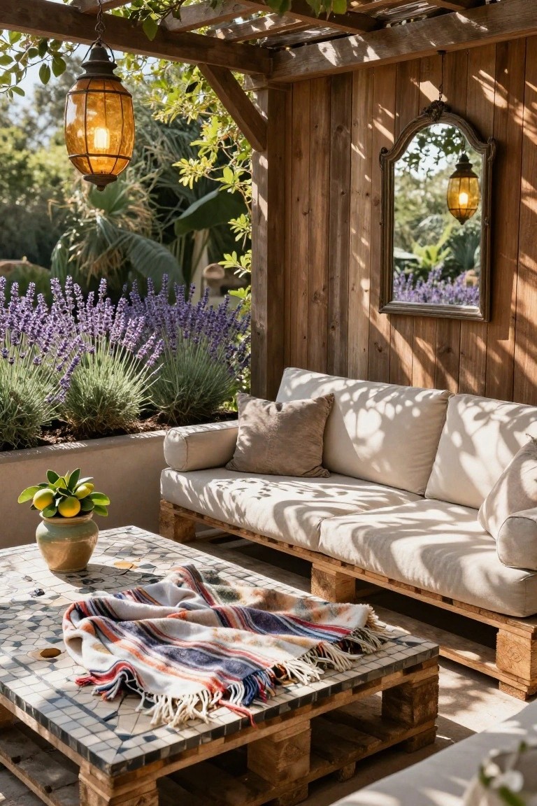 Outdoor lounge under wooden pergola with beige sofa on pallet base, low pallet coffee table topped with tiles and a colorful blanket, hanging lanterns, potted lemons, lavender plants in raised bed, and ornate mirror on wood wall.