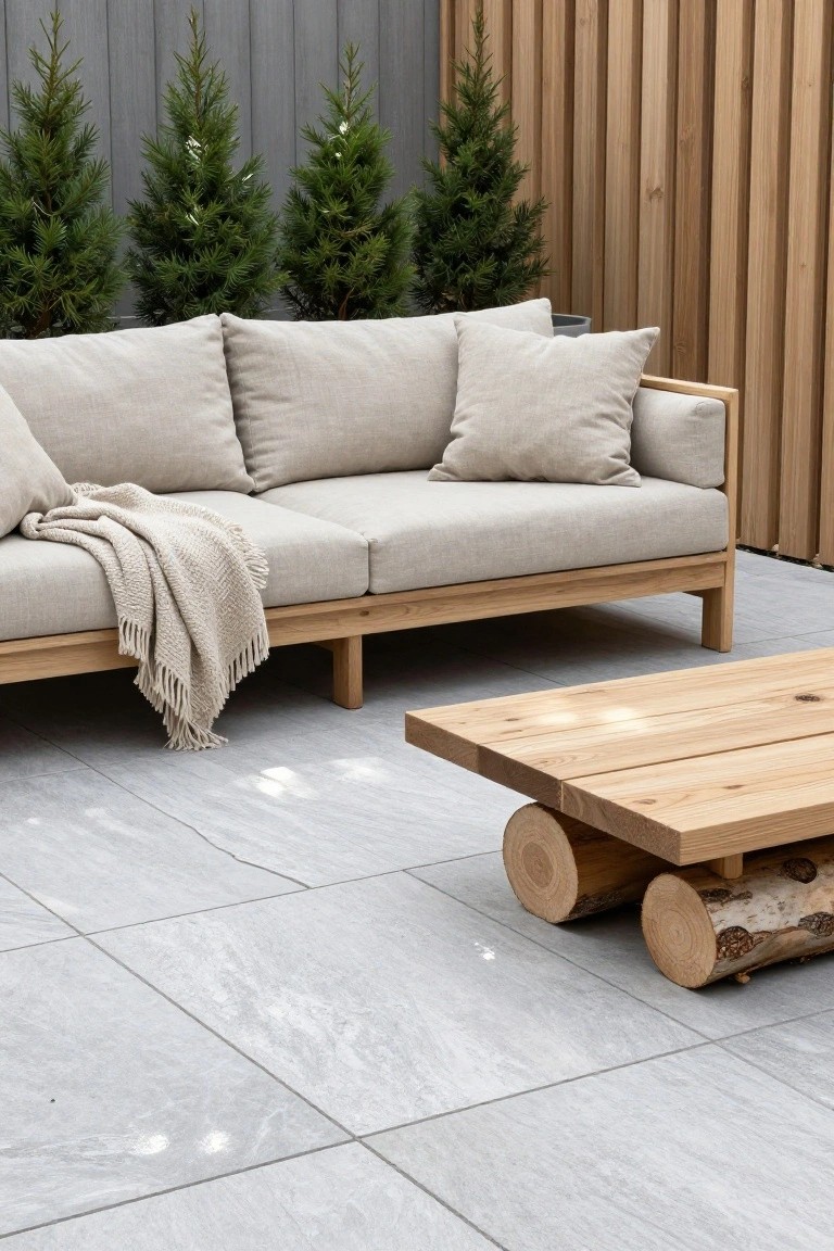 Beige cushioned sofa with light wooden frame on gray tiled patio, wooden coffee table with log supports nearby, small evergreen trees and wooden fence in background.