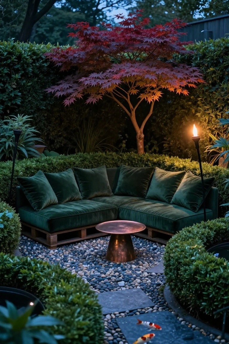 L-shaped outdoor couch made from wooden pallets with deep green velvet cushions and pillows, centered around a small copper table on a gravel patio surrounded by boxwood hedges, a red Japanese maple tree, tiki torches, and a koi pond.
