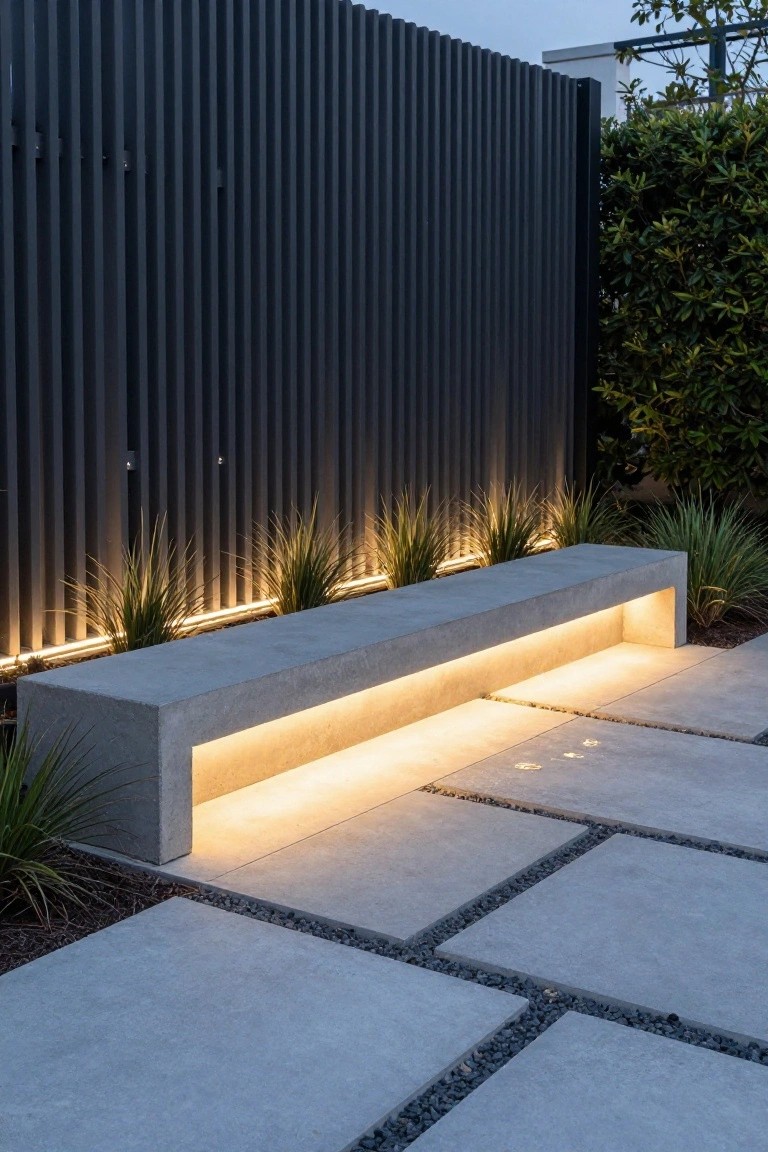 Concrete bench with LED strip lighting underneath against a black slatted fence, grasses along the base, paver tiles and gravel on the ground