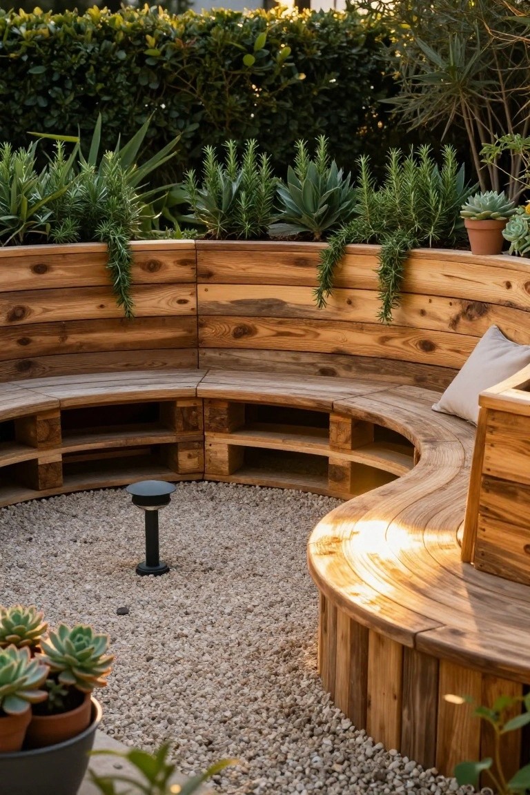 Curved wooden bench constructed from pallets encircles a central gravel area with a black outdoor lamp, flanked by potted succulents, herbs, and agaves in a garden setting.