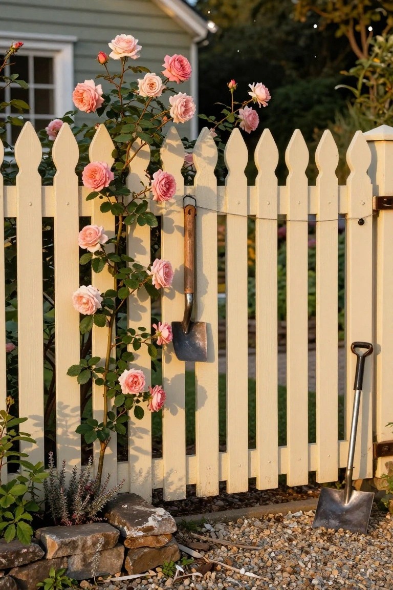 White picket fence partially covered in pink climbing roses with green leaves, a shovel hanging from one post and another shovel leaning nearby on gravel ground with stone edging and a mint green house in the background.